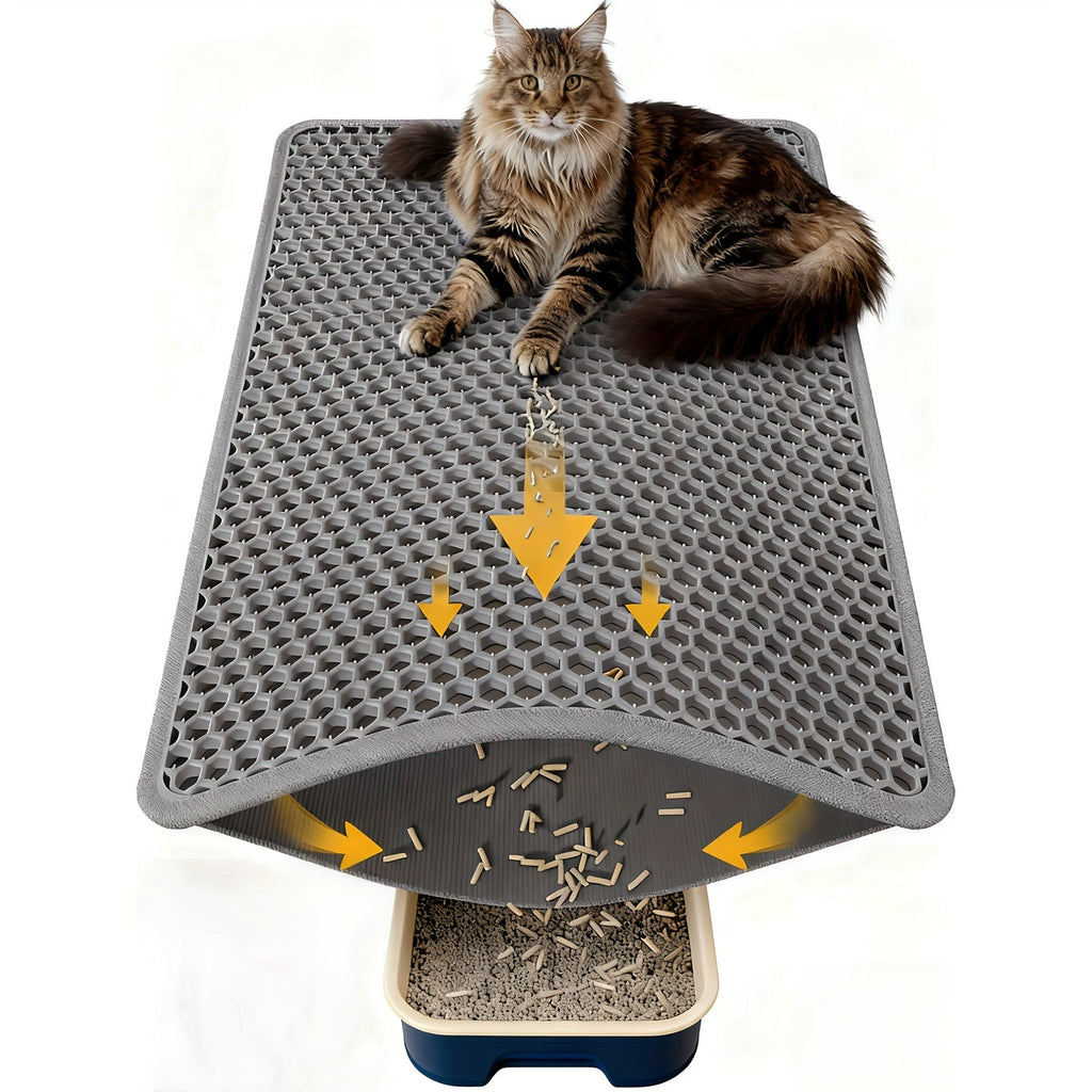 Cat Litter Mat Extra Large 27.6x47.2 Inch Honeycomb Double Layer Anti-Tracking EVA Non-Slip Waterproof Litter Trapper for Multi-Cat Households Easy to Clean Fits Large Litter Boxes Gray Khaki