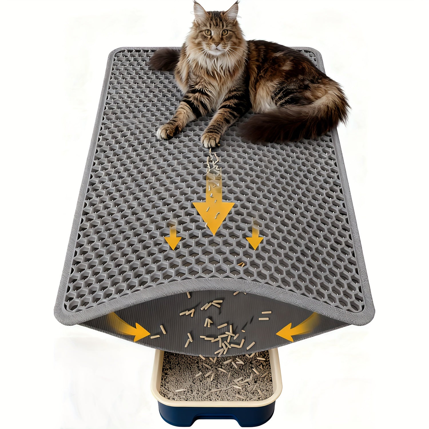 Cat Litter Mat Extra Large 27.6x47.2 Inch Honeycomb Double Layer Anti-Tracking EVA Non-Slip Waterproof Litter Trapper for Multi-Cat Households Easy to Clean Fits Large Litter Boxes Gray Khaki