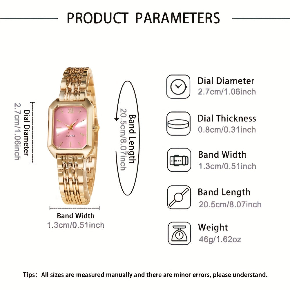 Women's Retro Quartz Watch Set 2pcs – Elegant Heart Chain Stainless Steel Rectangular Dial Analog Wristwatch, Court Style Luxury Timepiece Gift for Wedding, Easter, Birthday & Casual Wear
