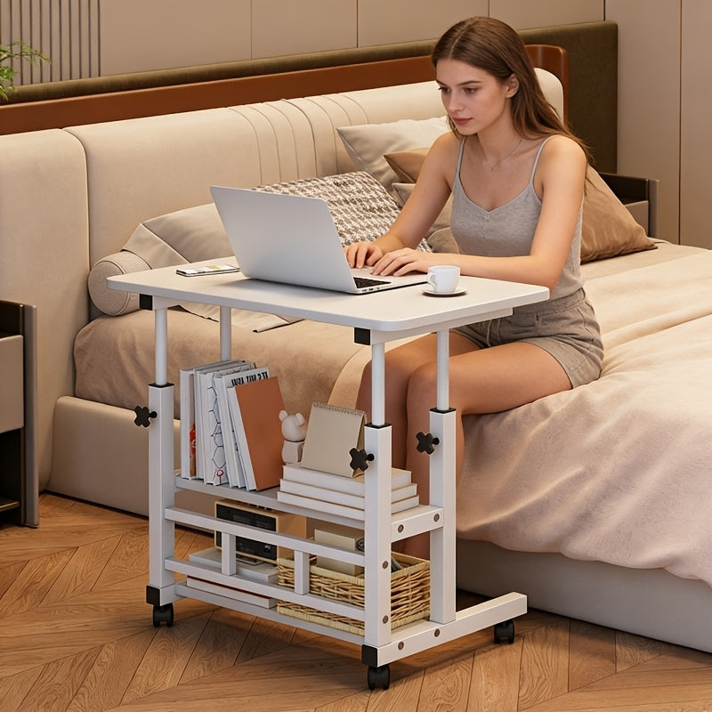 Rolling Folding Desk 3-Tier with Wheels Height Adjustable Expandable Desktop Storage Shelf Laptop Study Home Office Bedroom Living Room Computer Table Multi-Color