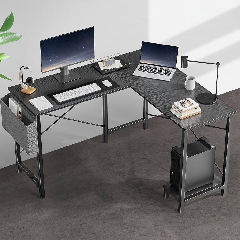 L-Shaped Corner Computer Desk with Storage Bag & Open Shelves – Reversible PC Laptop Workstation for Home Office Study Room Gaming Dorm, Space-Saving Writing Desk, 7 Colors