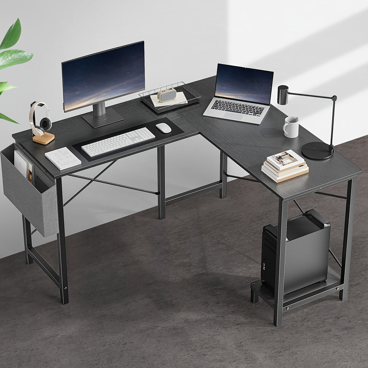 L-Shaped Corner Computer Desk with Storage Bag & Open Shelves – Reversible PC Laptop Workstation for Home Office Study Room Gaming Dorm, Space-Saving Writing Desk, 7 Colors