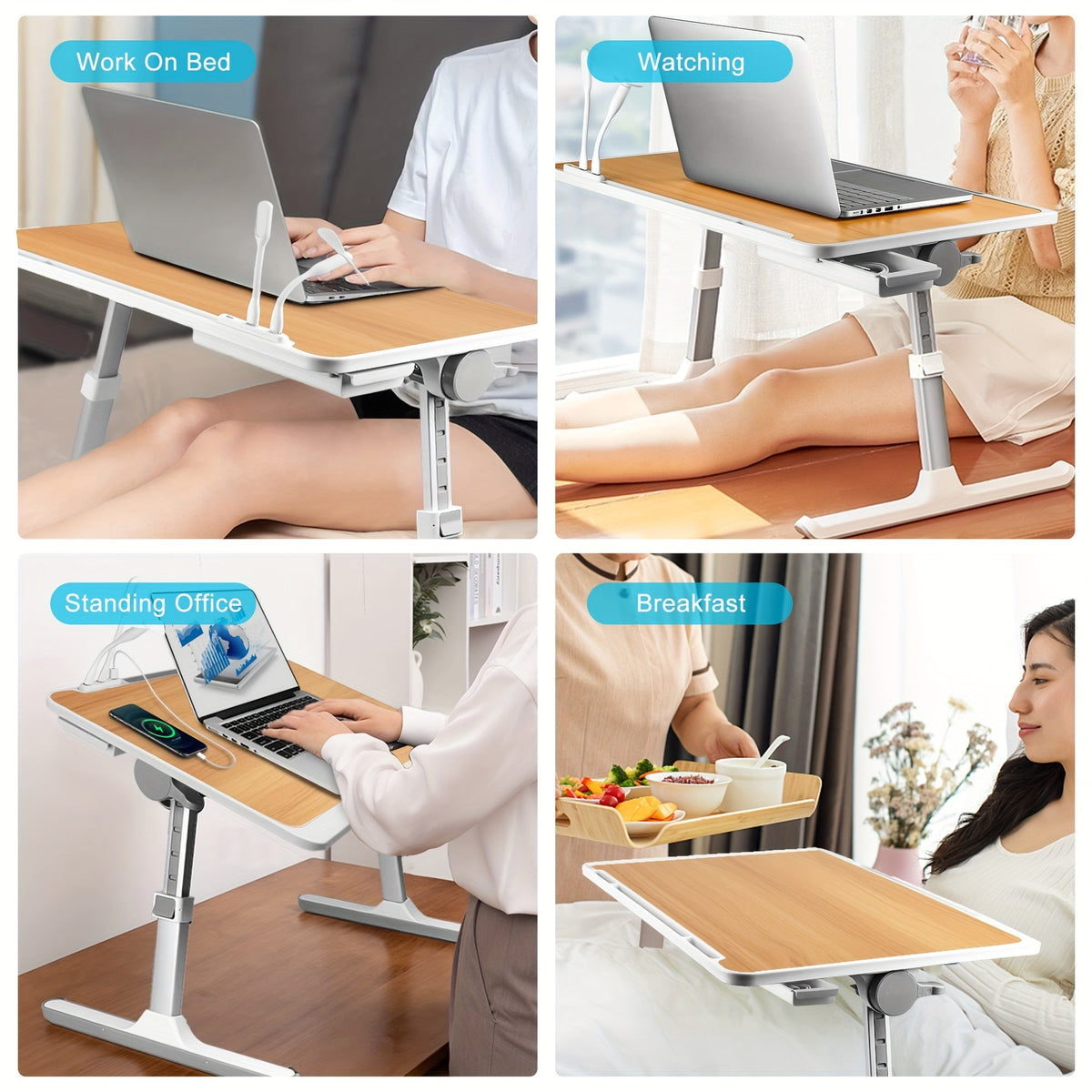 Lap Desk with USB Light Fan & Storage Drawer – Adjustable Portable Laptop Bed Tray Table for Bed Couch Sofa, Laptop Stand for Reading Writing Eating, 10 Colors & Sizes