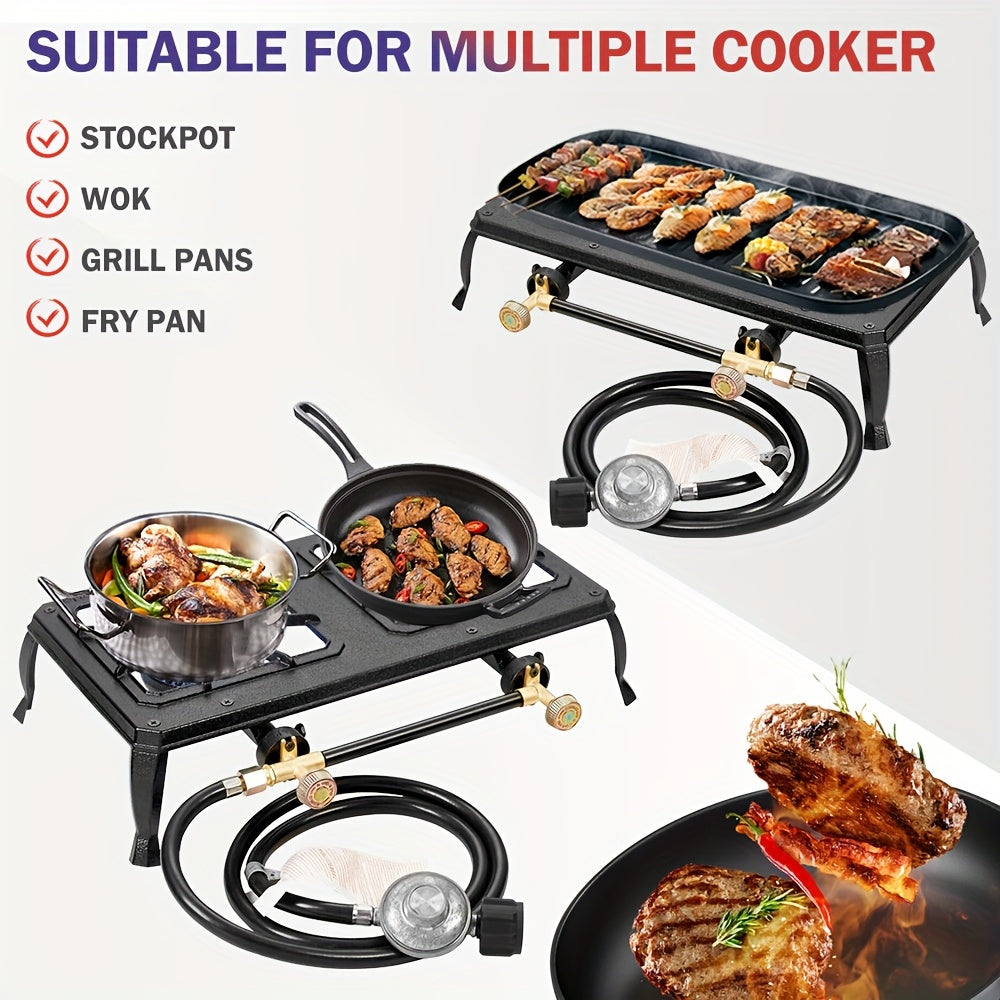 2-Burner Propane Camping Stove High BTU Outdoor Gas Cooker – CSA Listed, Regulator & Hose Included, Dishcloth Included – Ideal for Camping, Garden, BBQ, Gatherings & Outdoor Parties