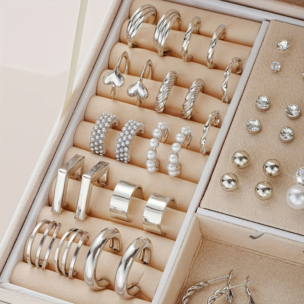 102-Piece Women's Earrings Set - Elegant Imitation Pearl Rhinestone Hoop Ear Cuffs Heart & Geometry Studs, Stainless Steel Hypoallergenic Fashion Jewelry for Daily Wear Parties Dates & Gifts