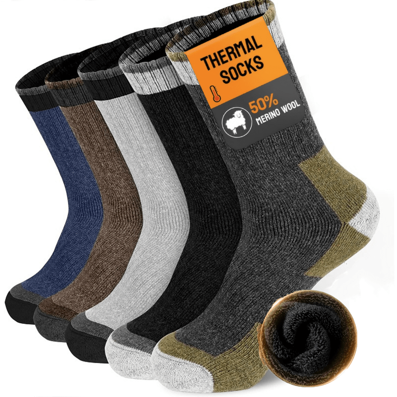 Men's Wool Socks 5 Pairs Extra Thick Thermal Winter Crew Socks – 300g/m² Heavyweight, Striped Pattern, Machine Washable, Size 7-13, Warm Fall & Winter Socks for Men