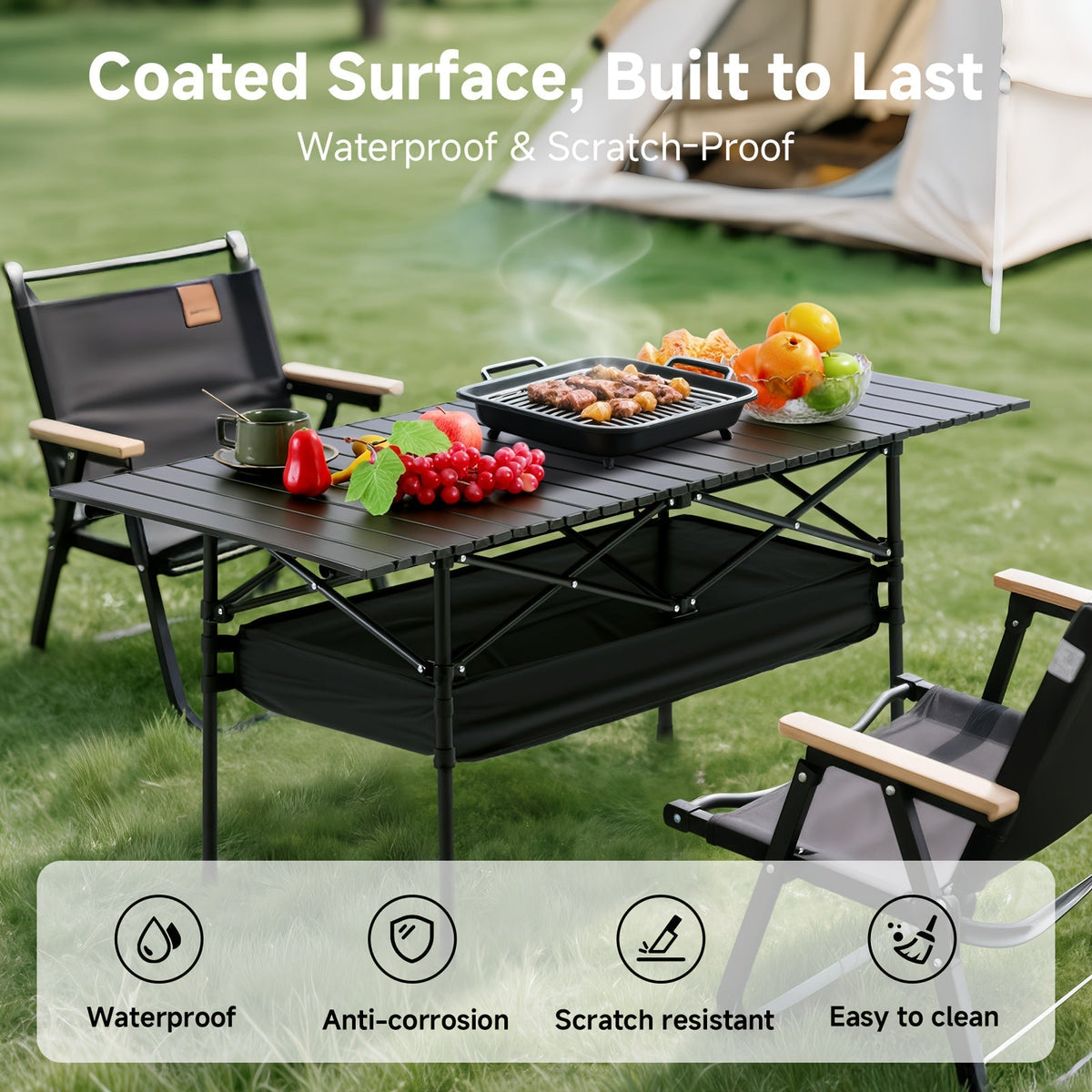 Portable Folding Camping Table Aluminum Lightweight Outdoor Picnic Table with Mesh Storage Bag & Carry Bag – Height Adjustable 37.4", Easy to Store, for Camping, Beach, Backyard, BBQ, Party & Patio