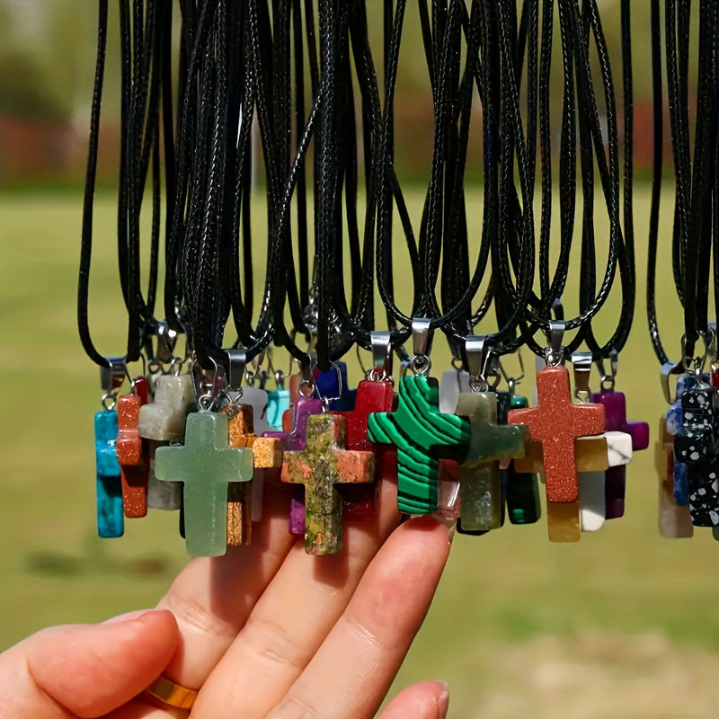 50-Piece Natural Stone Cross Pendant DIY Jewelry Making Set – 25 Mixed Gemstone Cross Pendants & 25 Adjustable Black Faux Leather Necklaces, Bulk Craft Supplies for Necklaces, Bracelets & Earrings