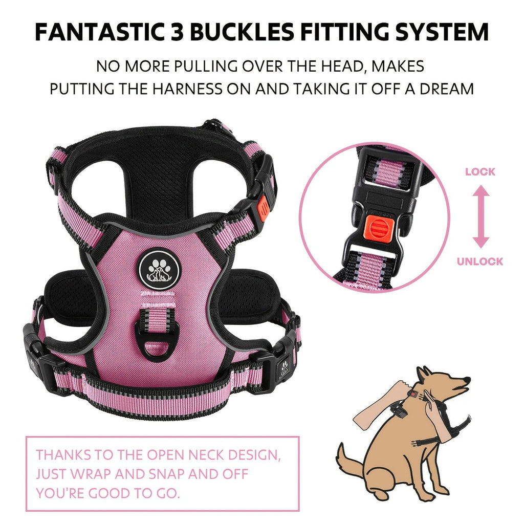 No Pull Dog Harness Set with Leash Retractable Seatbelt Collar Storage Strap Fully Reflective Breathable Mesh Adjustable Vest Harness Front Back Clip Handle XS to XL 8 Colors