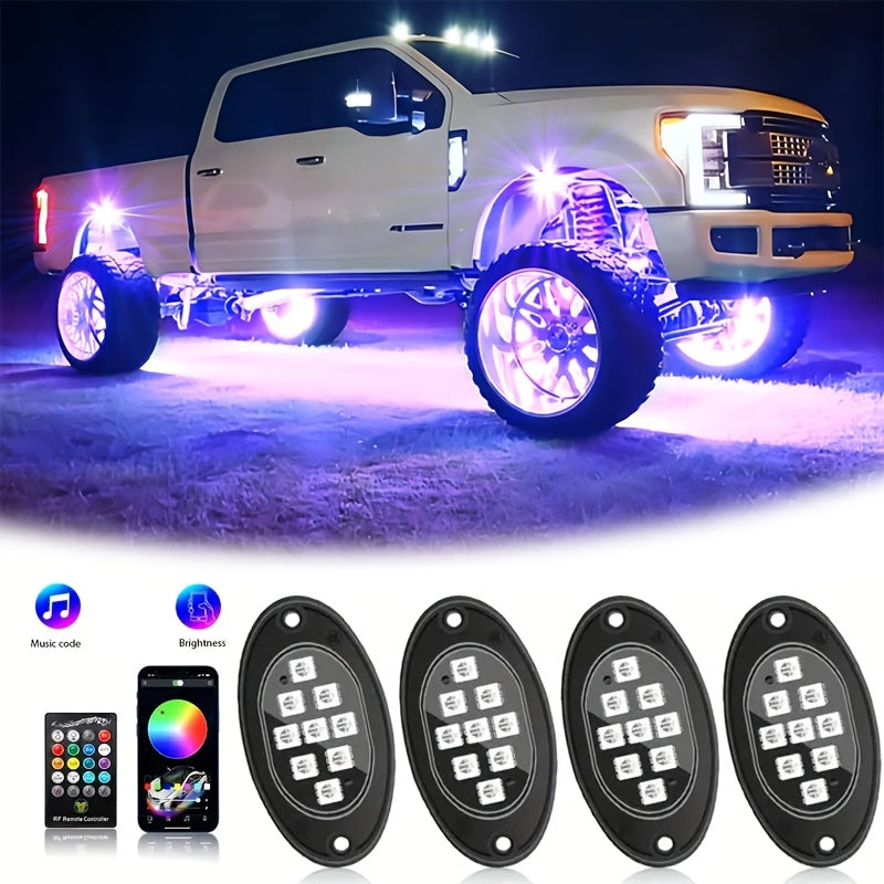 RGB LED Rock Lights Kit for Trucks Pickup SUV – Sound Activated APP & Remote Control, Multicolor Underglow Chassis Neon Lights, 9 Large Beads, 4/6/8/10 Pods Underbody Lighting Kit