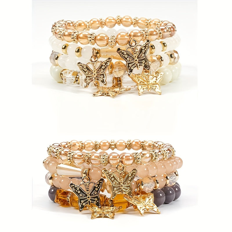 Butterfly Beaded Bracelet Set for Women Boho Stackable – 4 8 16pcs Sparkle Multi-Layered Elastic Charm Bracelets, Bohemian Wrist Jewelry Perfect Birthday Holiday Gift for Her