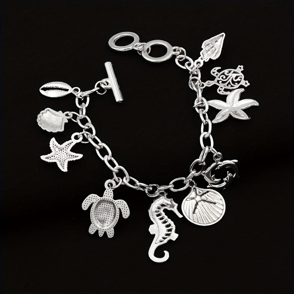 S925 Sterling Silver Ocean Charm Bracelet Women – Seahorse Turtle Dolphin Starfish Conch Scallop Pendant Chain Marine Animal Jewelry Friendship Gift Summer Vacation