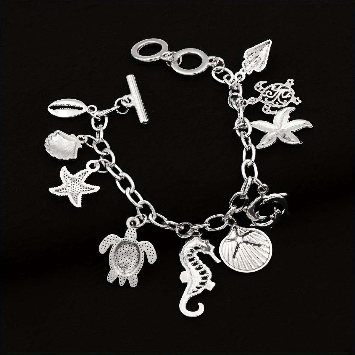 S925 Sterling Silver Ocean Charm Bracelet Women – Seahorse Turtle Dolphin Starfish Conch Scallop Pendant Chain Marine Animal Jewelry Friendship Gift Summer Vacation