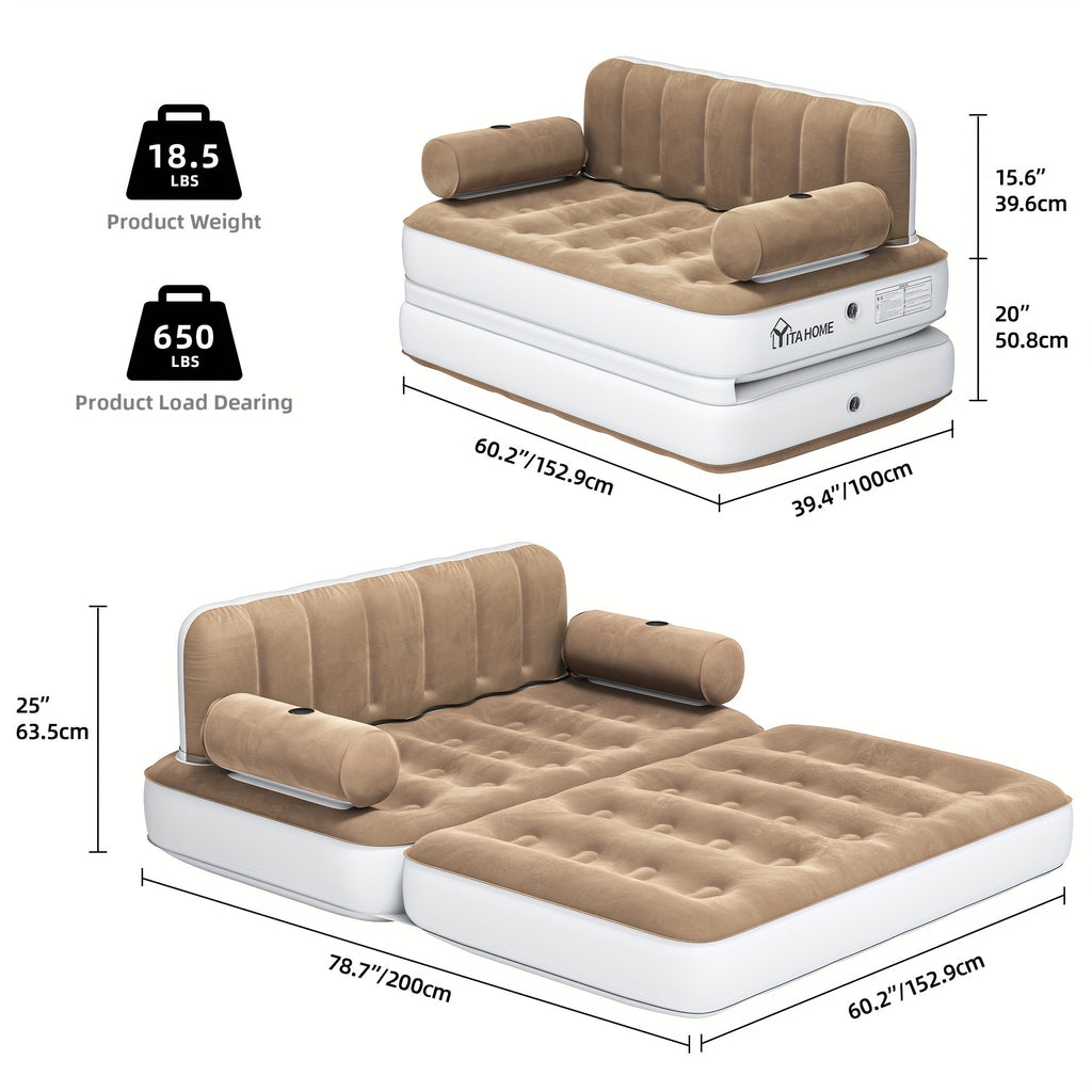 Inflatable Air Sofa Bed 2-in-1 Queen Size – Portable Blow Up Couch & Airbed with Headboard, Cup Holders, External Pump & Storage Bag, 440 lb Capacity for Home, Camping, Guests & Dorms