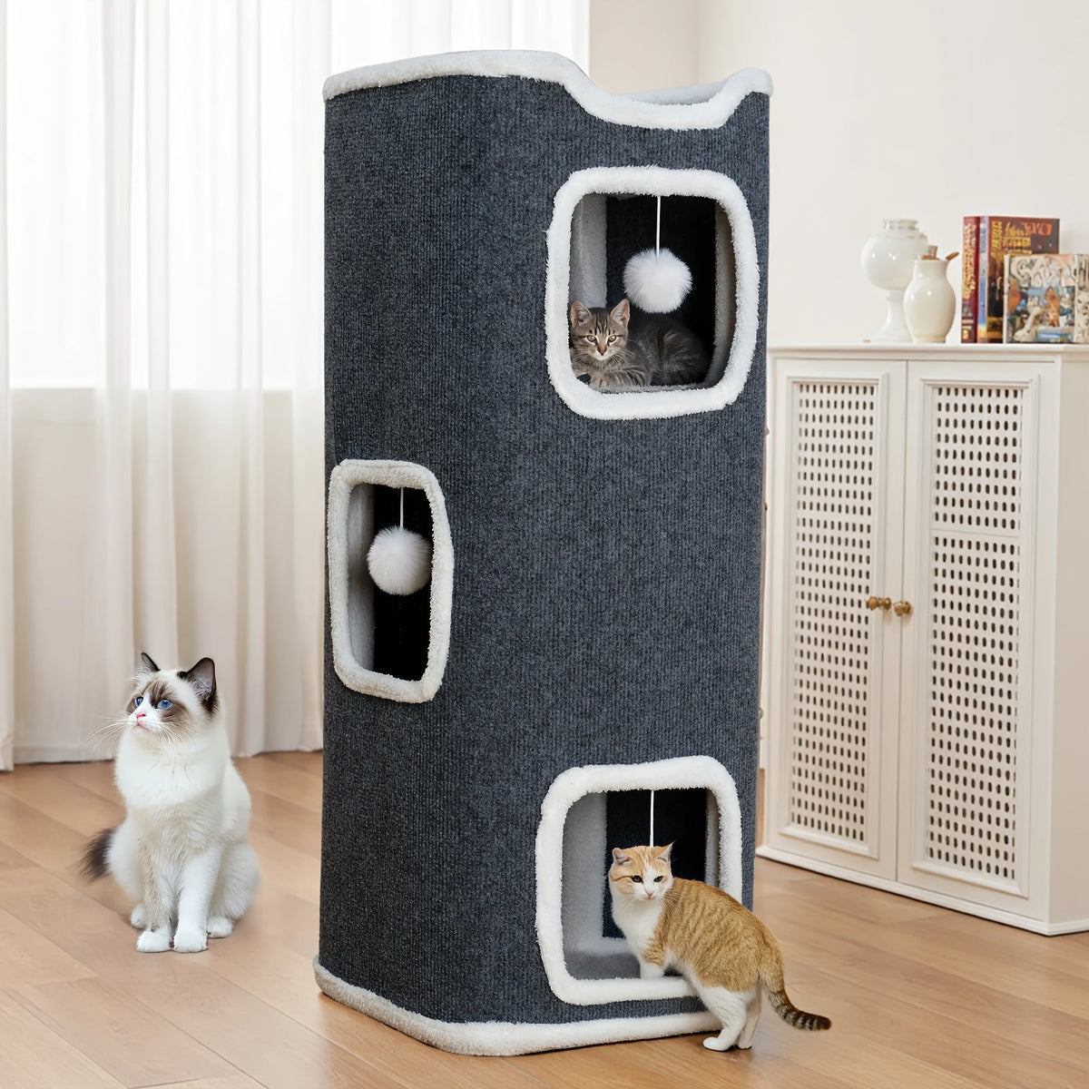 Multi-Level Foldable Cat Tree Tower for Indoor Cats Scratching Post Cozy Perch Cat Condo with Hanging Toy Ball & Hideaway – Soft Bed, 1/3/4 Tier Options, Light Gray Dark Blue Camel