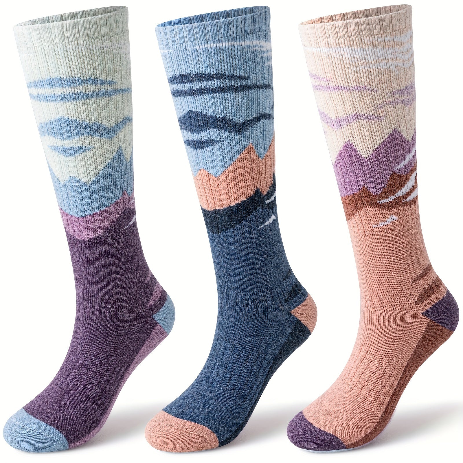 Wool Ski Socks 3 Pairs Thermal Knee High for Men & Women – Thick Warm Winter Socks for Skiing, Snowboarding & Outdoor Sports, 70% Wool, Sizes M & L, Multicolor / Dark / Snow Mountain
