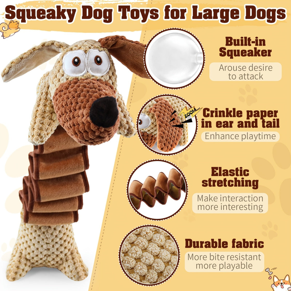Large Squeaky Crinkle Dog Toy Extendable 15.7 to 19.7 Inch Plush Pull Tug Bite Toy Crinkled Paper Filling Small Medium Large Dogs Interactive Fetch Chew Toy No Battery