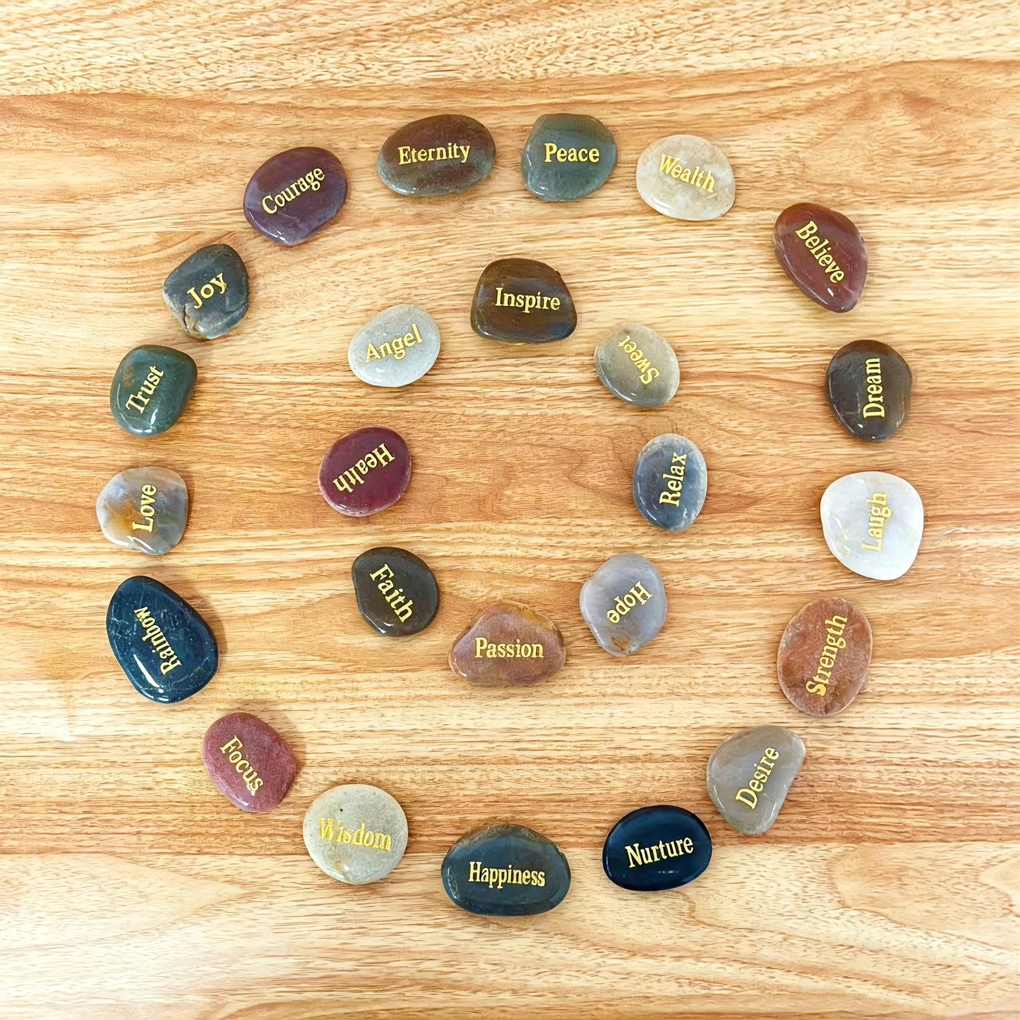 25pcs Engraved Inspirational Stones Set – Laser Engraved Golden Motivational Word Rocks Hand-Polished Mixed Color Natural Stones Home Decor Garden Prayer Meditation Gift for Friends Family