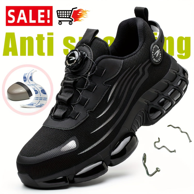 Men's Breathable Work Shoes - Durable Safety Shoes with Reflective Stripes, Lightweight Cushioned Sole for Industrial, Construction and Casual Wear, Available in Black and Grey, Sizes US 6 to 11