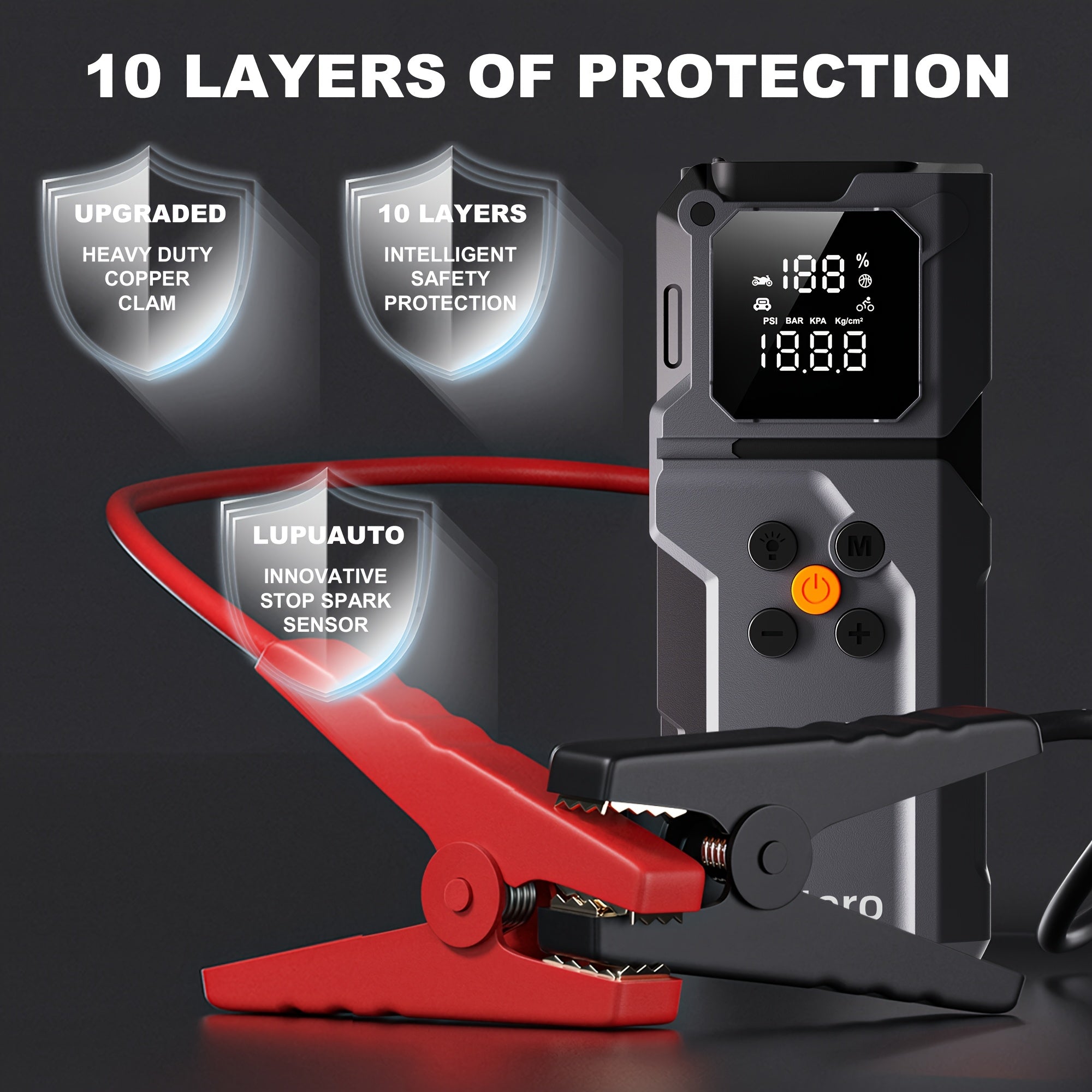 10000A Jump Starter with Air Compressor 160 PSI, Portable Car Battery Booster Pack for Gas & Diesel Engines, USB-C QC 3.0 Fast Charge, LED Flashlight, Digital Display – Giatero Q27