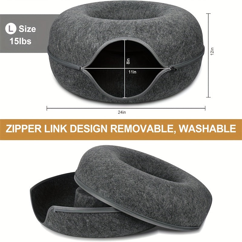Cat Tunnel Bed with Donut Hole Indoor Hiding Place - All-Season Collapsible Soft Plush Cat Cave Bed for Indoor Cats, Dark Gray & Light Gray, 20 & 24 Inch, Perfect Cat Gift