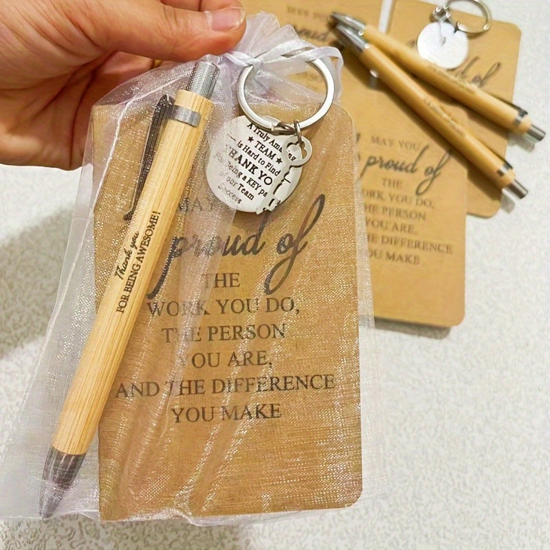 24 Piece Inspirational Gift Set Bulk Bamboo Retractable Pen Keychain Gratitude Notebook Gift Bag Appreciation Gifts for Employees Teachers Coworkers Holiday