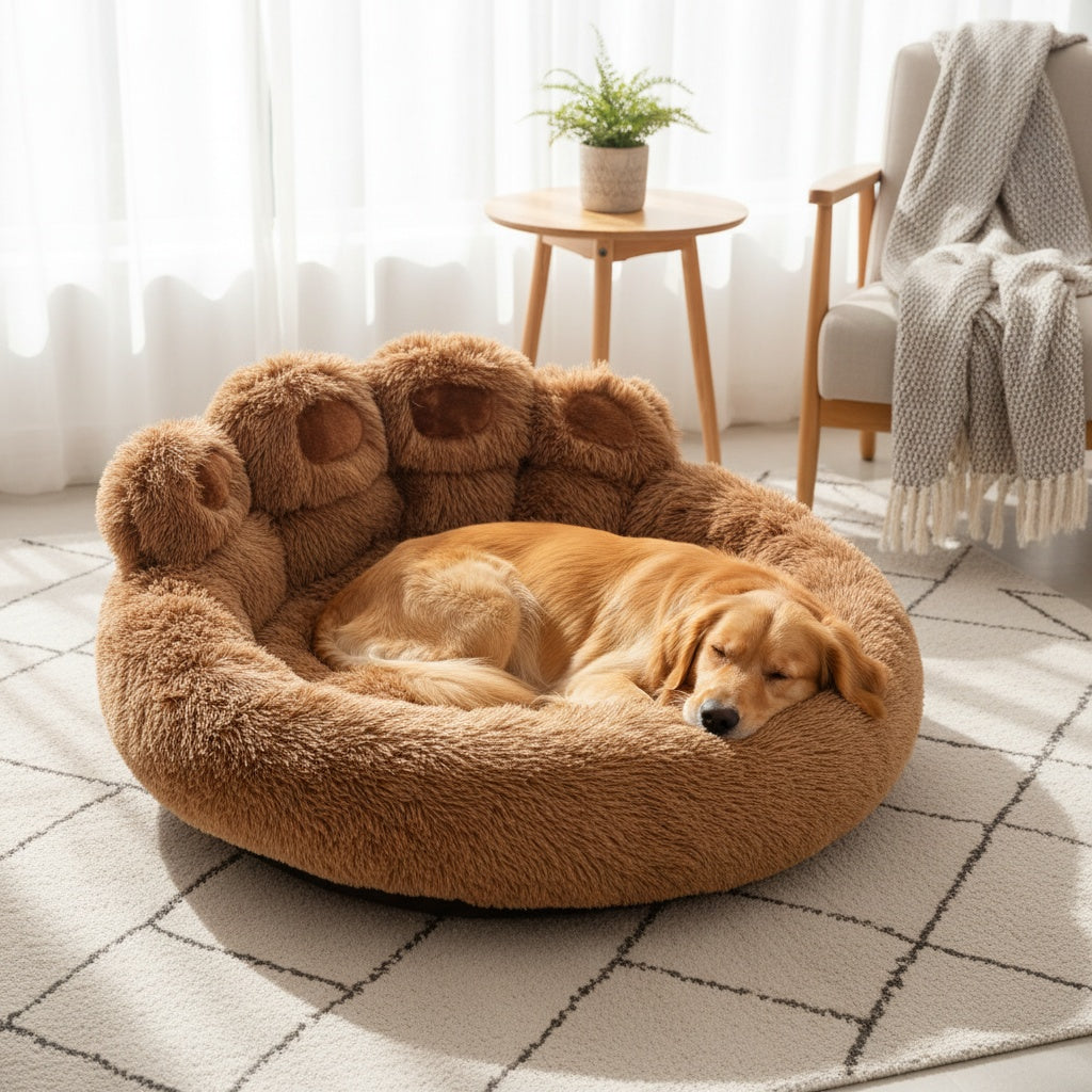 Bear Paw Plush Round Pet Bed for Dogs & Cats Soft Calming Non-Slip Cozy Puppy Bed – Small Medium Large, 20/24/28/36 Inch, Coffee Pink Gray