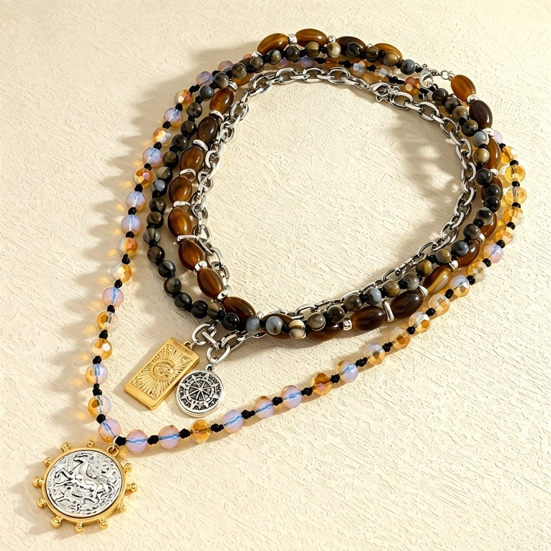 Tiger's Eye Beaded Multi-Layer Boho Necklace for Women – Vintage Nautical Compass Pendant Stackable Layered Clavicle Chain Bohemian Natural Stone Statement Jewelry Gift