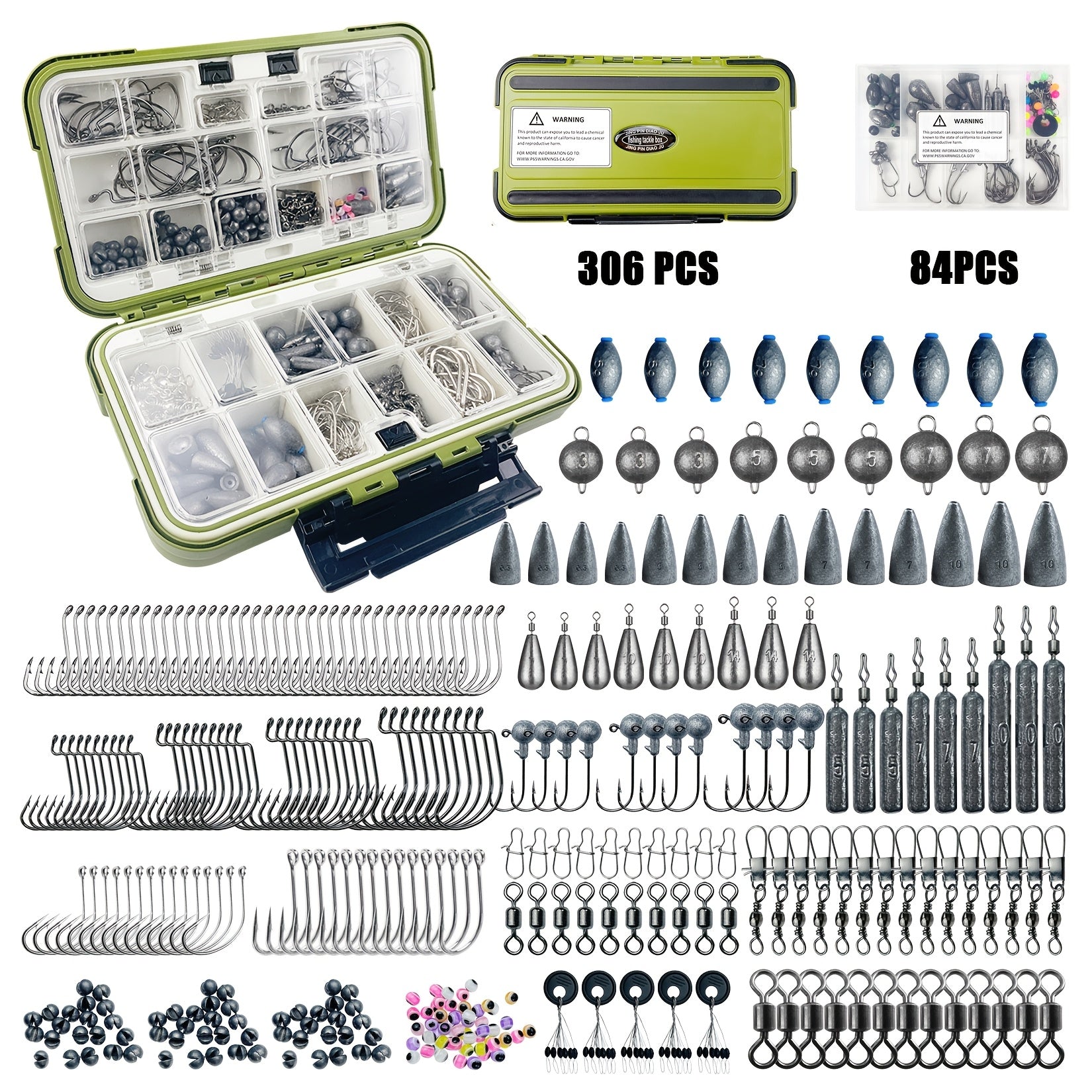Fishing Lure Kit 306PCS & 84PCS – Complete Tackle Box with Hooks, Sinkers, Bobbers, Jigs, Beads, Swivels & Snaps | Freshwater Fishing Accessories Set for Bass Trout Carp