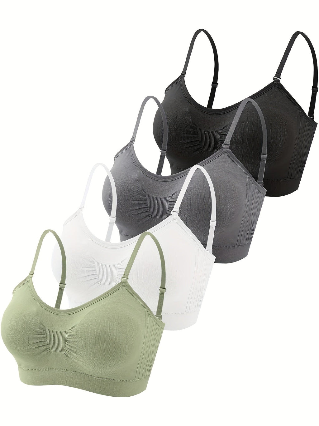 V-Neck Padded Bralette Cami Bra 4 Pack – Wireless Tank Top Sports Bra with Adjustable Straps for Women, Soft Padded Everyday Bralette Set, Sizes S-XL, Colors Rust, Beige, Green, Blue