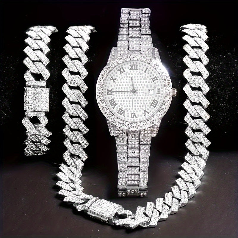Men's Hip Hop Rhinestone Bling Watch Set with Waterfall Chain Bracelet & Necklace – Sparkling Quartz Watch Jewelry Set for Men 3pc & 5pc Perfect Holiday Gift