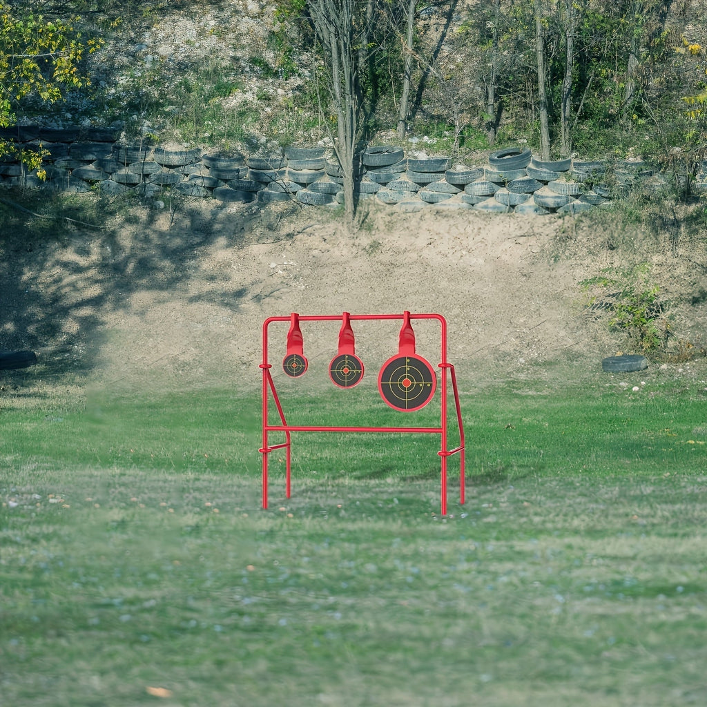 Triple Spinner Shooting Target Stand for .22LR Rimfire – Foldable Heavy-Duty Steel with 15-Pack Bullseye Paper Targets, Instant Visual & Audible Feedback for Backyard Plinking Range Training Practice