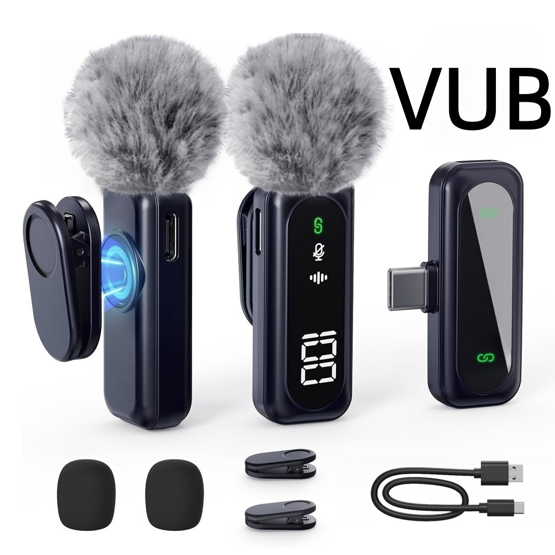 Wireless Lavalier Microphone USB-C 2.4G with DSP Noise Reduction, Digital Battery Display, 360° Omnidirectional Clip-On Lapel Mic, 100ft Range, Feather Windshield, Rotatable Magnetic Clip for iPhone, Android, Camera & Content Creators