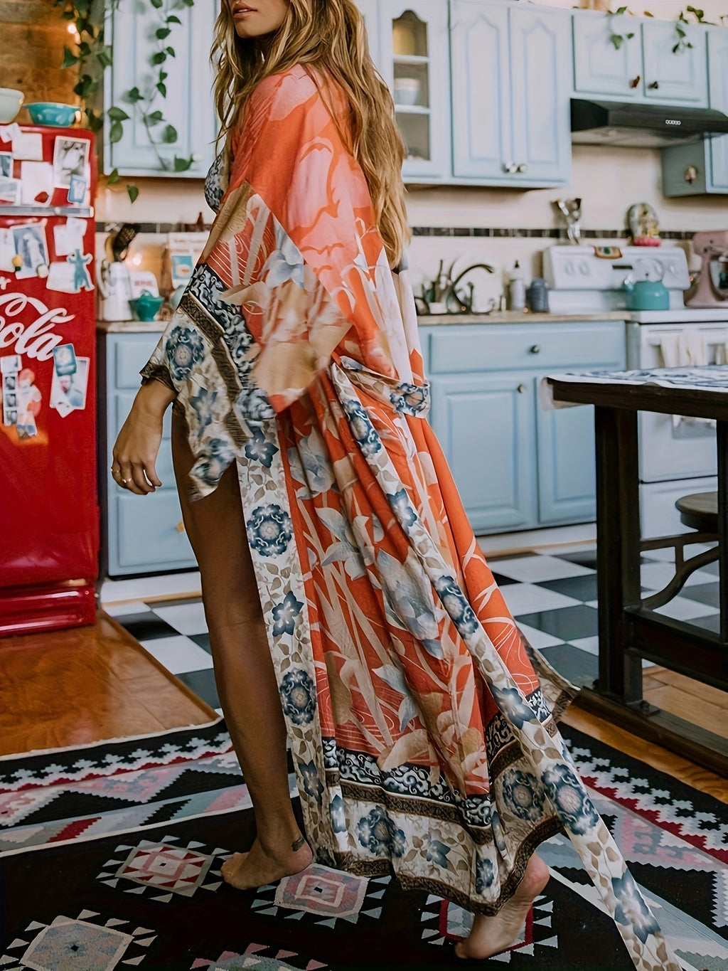 Women's Beach Kimono Cover Up Floral Crane Print Long Sleeve Loose Fit Cardigan Swimsuit Cover-Up for Beach Pool Resort Vacation One Size Light Purple Orange