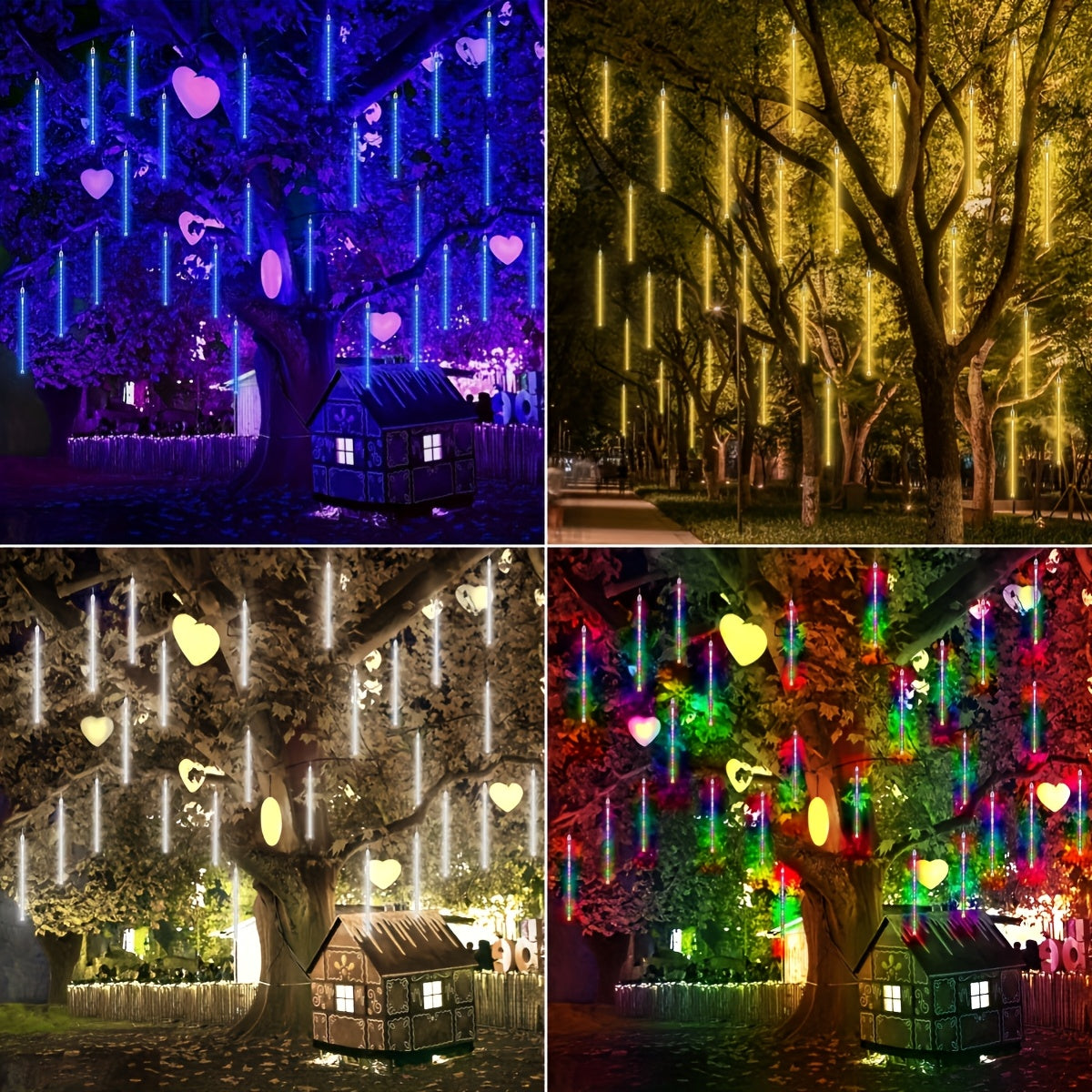 Solar Meteor Shower String Lights 192 LED Outdoor Waterproof - Flower Theme 8 Modes Fairy Lights for Garden Patio Tree Christmas Halloween Independence Day Warm White Multi-Color Blue