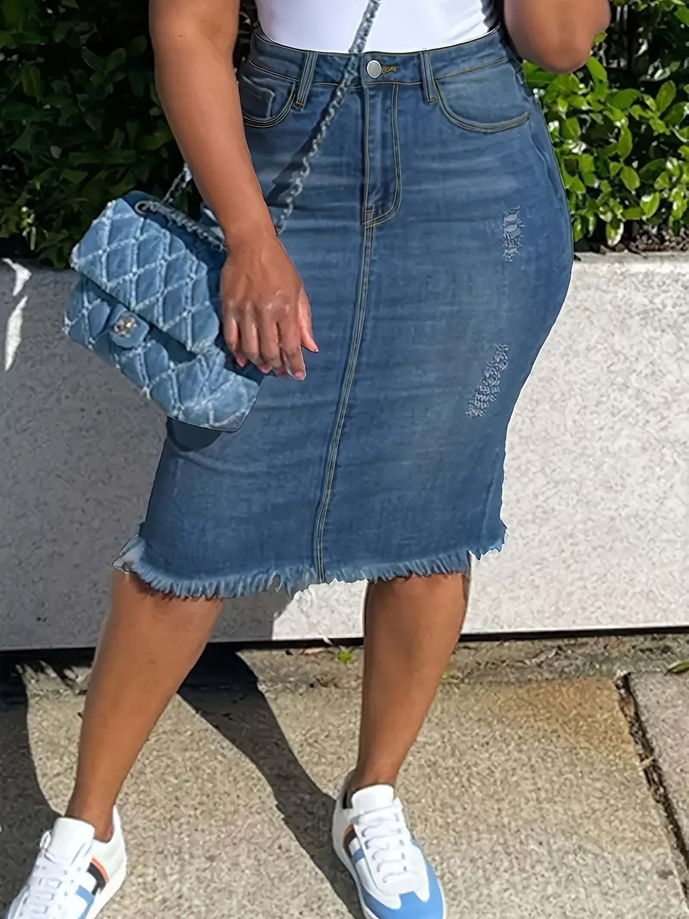 Vintage High-Waisted Denim Midi Skirt Women Stretch Raw Hem Distressed Look Machine Washable Non-Transparent Sea Blue XS-XXL Spring Summer Fall