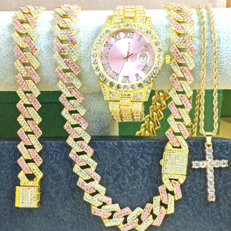Luxury Cuban Link Jewelry Set for Men & Women – 4-Piece Necklace Bracelet Pendant Wristwatch Full Set 12 Color Options Silver Gold Pink Green Blue Hip Hop Bling Valentine's Day Christmas Gift