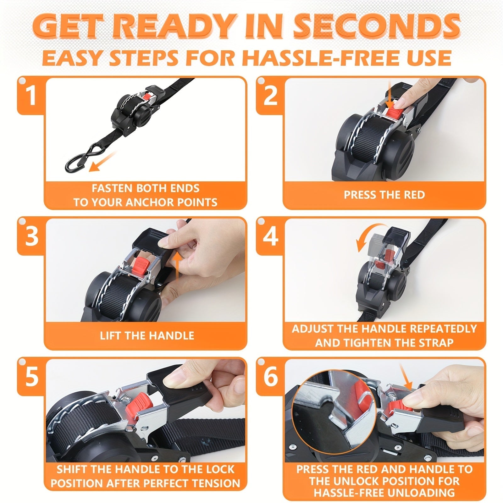 Retractable Ratchet Tie Down Straps 4-Pack Heavy Duty Self-Retracting – 2pcs 10 Ft Auto Cargo Straps for Truck, Trailer, Motorcycle, Moving & Appliances Securing