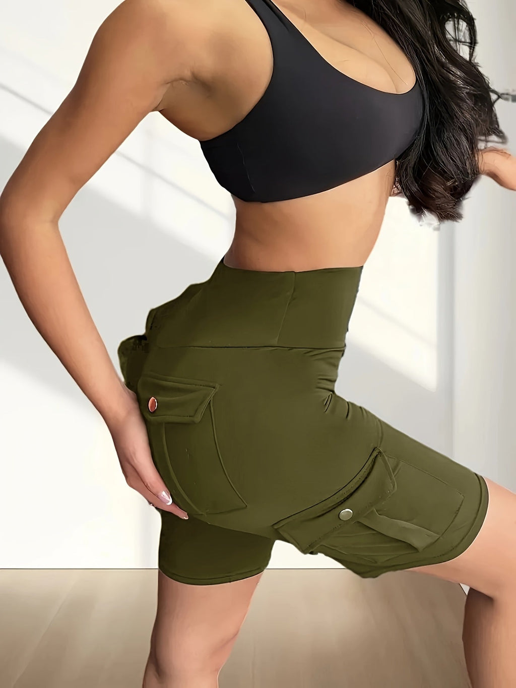 Women's High Waist Yoga Shorts with Pockets – Solid Color Soft Stretch Workout Shorts for Yoga Gym Running, Flattering Fit, Spring Summer Fall Activewear