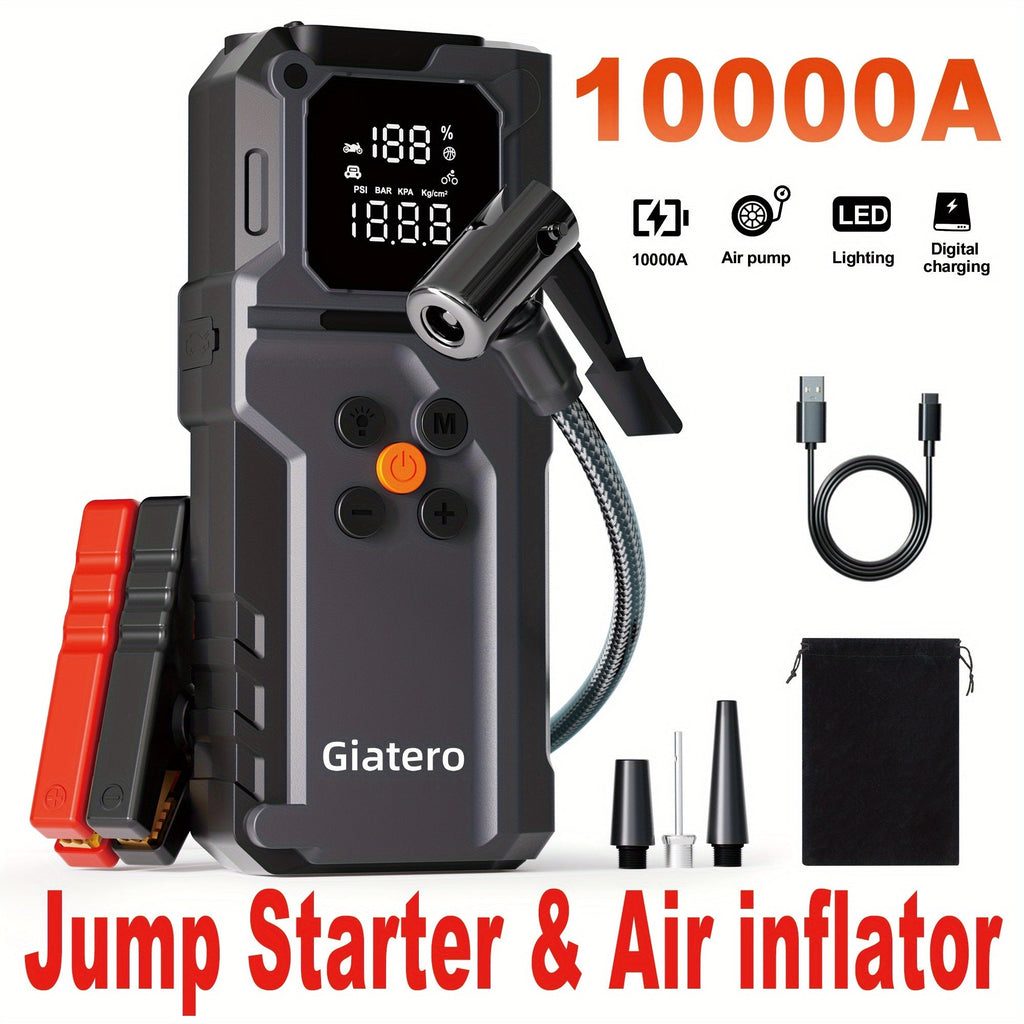 10000A Jump Starter with Air Compressor 160 PSI, Portable Car Battery Booster Pack for Gas & Diesel Engines, USB-C QC 3.0 Fast Charge, LED Flashlight, Digital Display – Giatero Q27