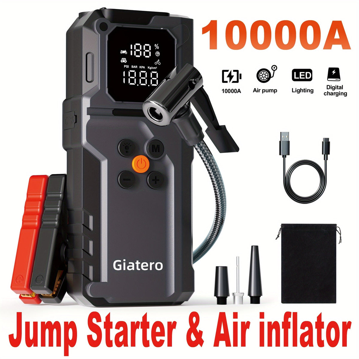 10000A Jump Starter with Air Compressor 160 PSI, Portable Car Battery Booster Pack for Gas & Diesel Engines, USB-C QC 3.0 Fast Charge, LED Flashlight, Digital Display – Giatero Q27