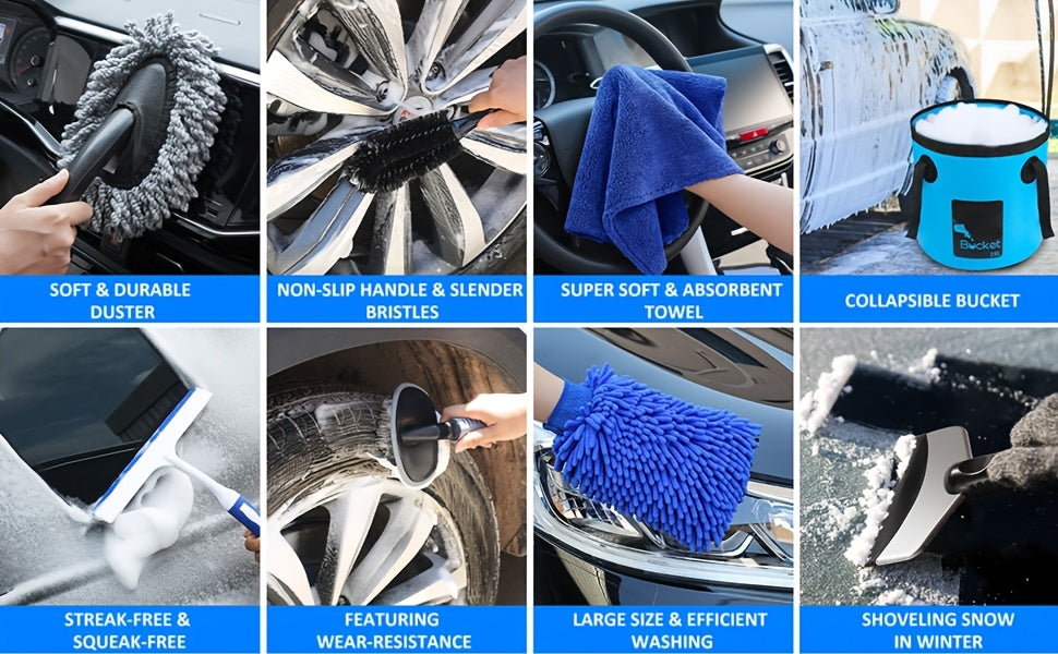 Car Wash Detailing Kit 19 or 41 Piece with Handheld Vacuum Collapsible Bucket Windshield Tool Tire Brush Snow Shovel Cleaning Gel Complete Car Care Set Yellow Pink