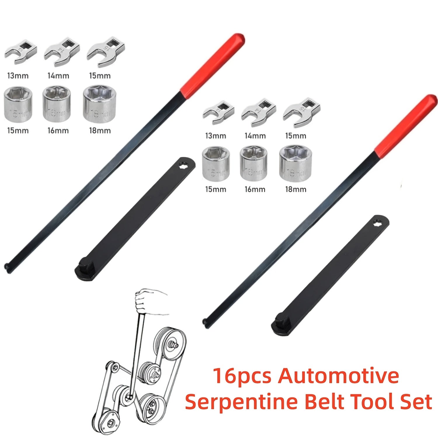 Serpentine Belt Tool Set 8/16 Piece - Universal 3/8 and 1/2 Drive Belt Tensioner Wrench, Idler Pulley Adjuster, Chrome Vanadium Steel, Professional Automotive Belt Removal and Installation Kit for Car Engine Repair