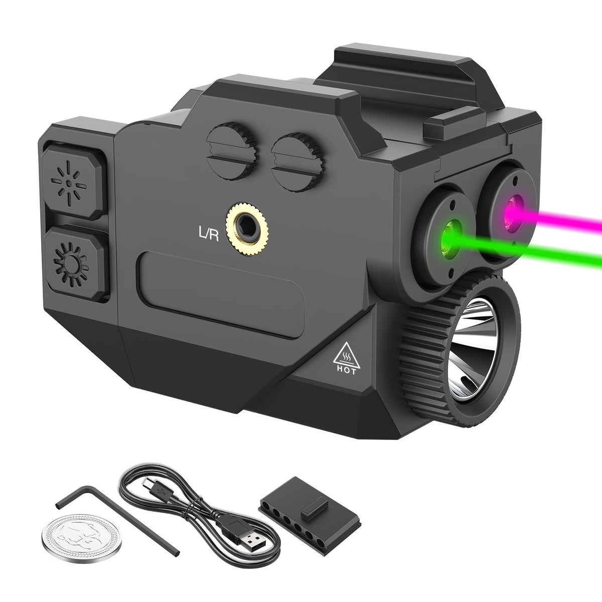 Tactical Flashlight with Dual Laser Sight – 450 Lumens Rechargeable Pistol Light for Picatinny Rail, Red+Green / Blue+Green / Purple+Green Laser Beam, Compact Handgun Accessory