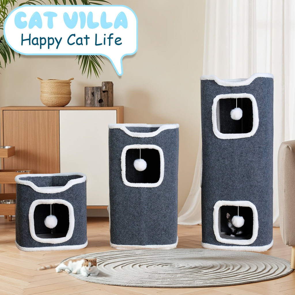 Multi-Level Foldable Cat Tree Tower for Indoor Cats Scratching Post Cozy Perch Cat Condo with Hanging Toy Ball & Hideaway – Soft Bed, 1/3/4 Tier Options, Light Gray Dark Blue Camel