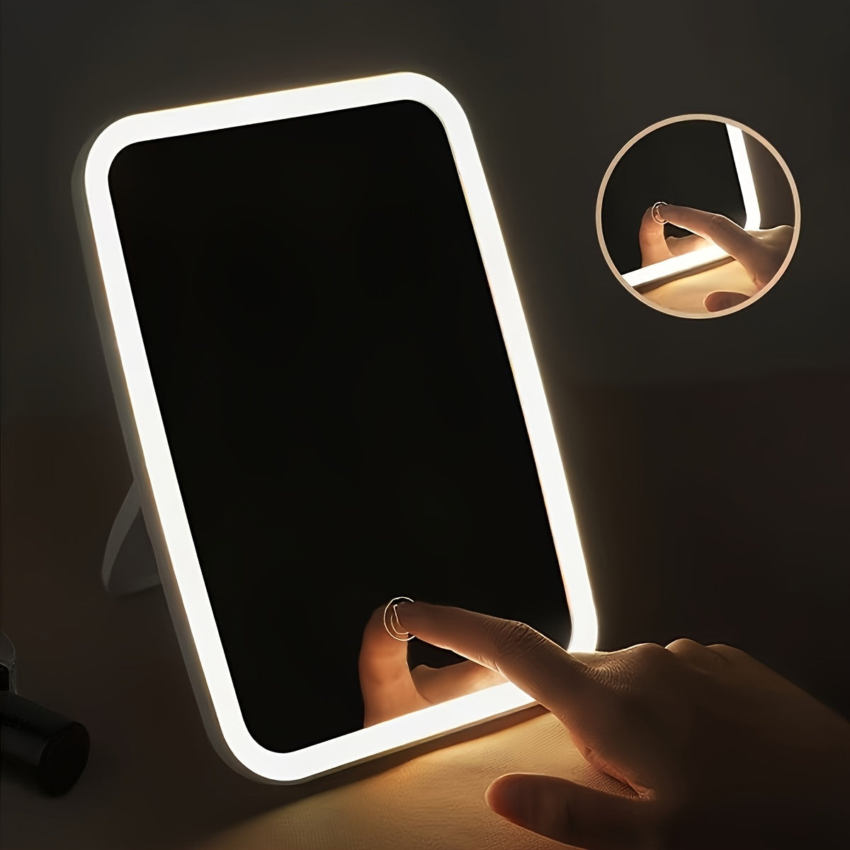 LED Makeup Mirror with Touch Sensor – 3 Lighting Modes (White, Daylight, Warm), Adjustable Brightness, Portable Folding Vanity Mirror, USB Charging, Compact Travel & Desktop Cosmetic Mirror