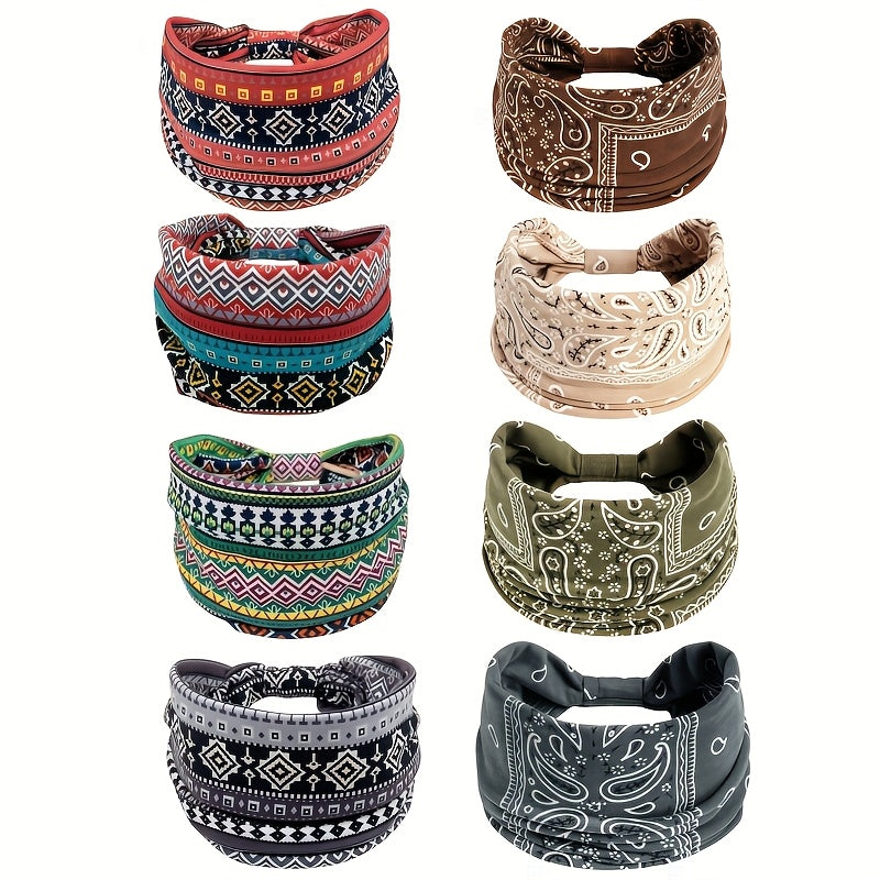 8pcs Wide African Turban Headbands for Women – Boho Paisley Anti-Slip Elastic Headwraps Moisture-Wicking 95% Polyester Sports Yoga Running Daily Wear Machine Washable Hair Accessories Gift Set