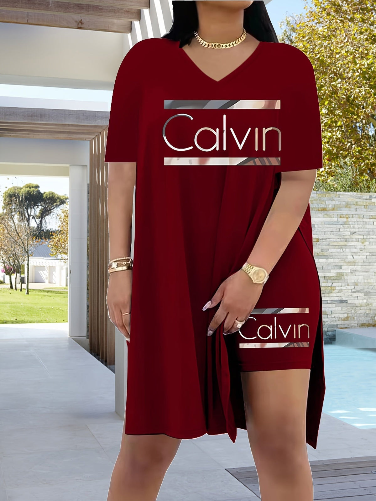 Women's 2-Piece Casual Sports Suit V-Neck Short Sleeve T-Shirt & Slit Shorts Set Stretch Fabric for Home Jogging Shopping – Machine Washable, Sizes S-XXL, Tawny Blue Black Burgundy Pink