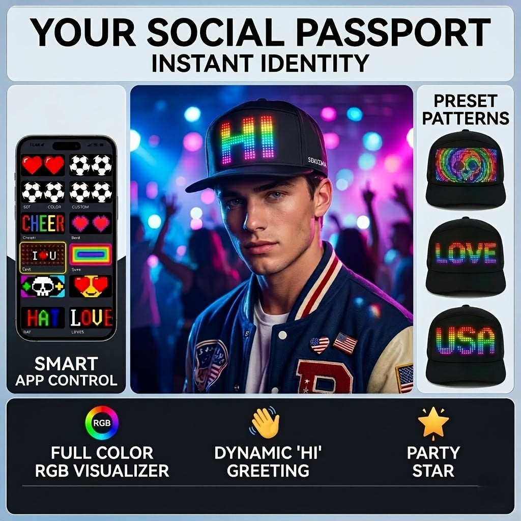 Programmable LED Hat APP Controlled Scrolling Text & Animation – Unisex Adjustable Smart Light Up Baseball Cap for Party Wedding Valentine's Day Carnival Festival in 3 Pixel Options