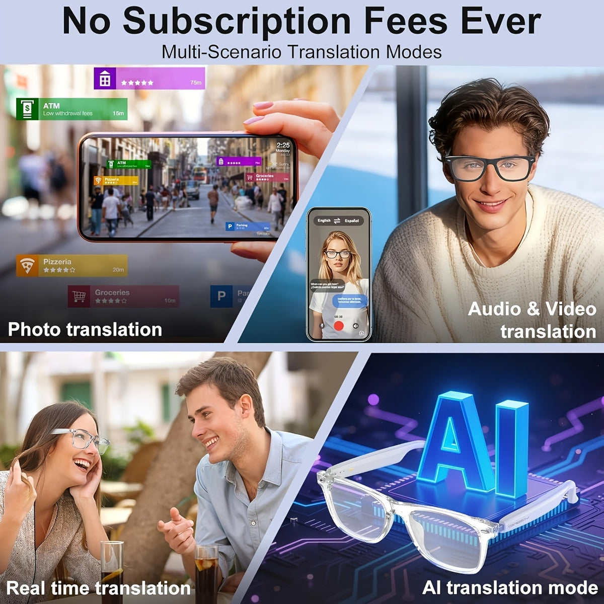 AI Smart Glasses with Camera or Audio – Real-Time Translation 110+ Languages, HD Video Recording, AI Voice Control, HiFi Music & Calling, Photochromic Lenses, Sports Skiing Outdoor Wearable Tech